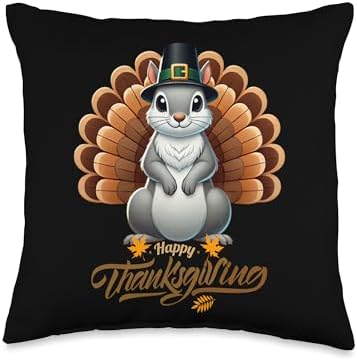 Funny Eastern Gray Squirrel with Turkey Feathe Thanksgiving Throw Pillow by Unknown