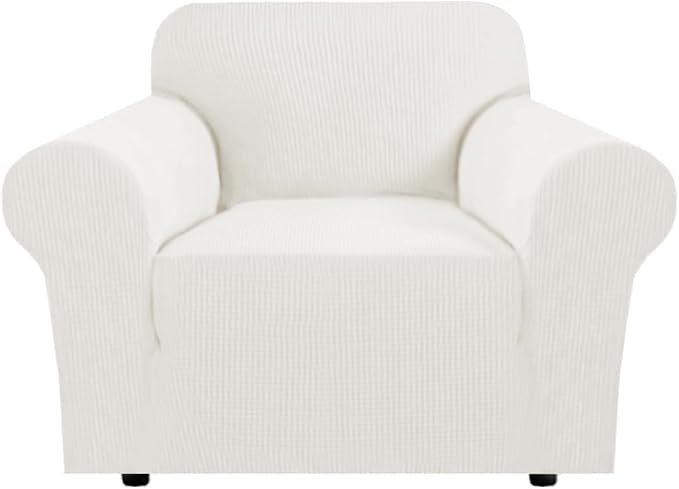 H.VERSAILTEX Stretch Chair Slipcover Sofa Cover Furniture Protector Cover High Spandex Small Checks Knitted Jacquard Sofa Cover Chair Covers for Living Room (Armchair 31"-40", Porcelain White)
