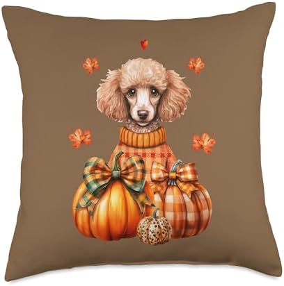 Watercolor Poodle Dog Pumpkin Autumn Fall Thanksgiving Gift Throw Pillow by Unknown