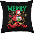 Merry Thanksmas Thanksgiving Christmas Turkey Santa Throw Pillow by Unknown