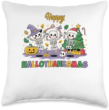 Skeletons halloween christmas hallothanksmas thanksgiving Throw Pillow by Unknown