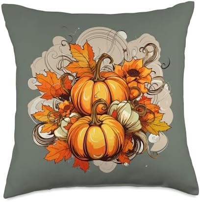 Pumpkins Fall Season Autumn Leaves Thanksgiving Vintage Throw Pillow by Unknown