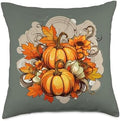 Pumpkins Fall Season Autumn Leaves Thanksgiving Vintage Throw Pillow by Unknown
