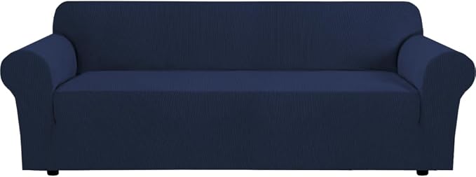 H.VERSAILTEX Stretch Couch Covers for Sofa 1 Piece Slipcovers for Couches and Sofas 3 Seater Couch Cover Feature Thick Checked Jacquard Fabric with Elastic Bottom(Large Sofa 90"-100" Wide, Navy)
