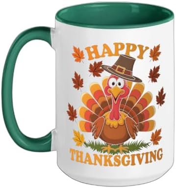 Happy Thanksgiving Funny Turkey Family Dinner Thanksgiving Ceramic Mug, Dark Green/White, 15oz by Unknown