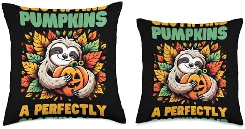Autumn Sloths and Pumpkins Autumn Thanksgiving Halloween Throw Pillow - Image 3