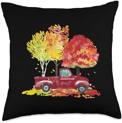 Spot & Tiger Thanksgiving Red Pickup Truck Autumn Color Trees Cute Happy Fall Scene Throw Pillow, 18x18, Multicolor by Unknown