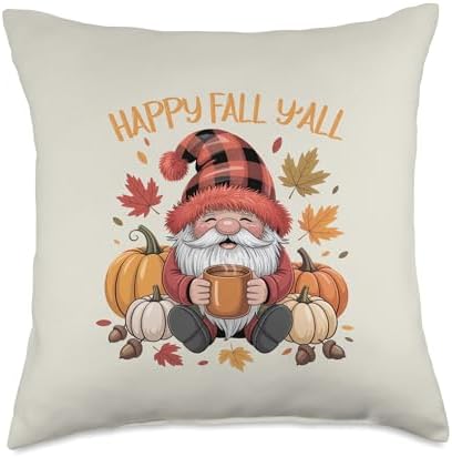 Happy Fall Y'all Cute Gnome Pumpkin Spice Falling Leaves Throw Pillow by Unknown