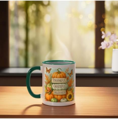 Thankful Grateful Blessed - Fall Pumpkin Family Thanksgiving Ceramic Mug, Dark Green/White, 11oz - Image 3