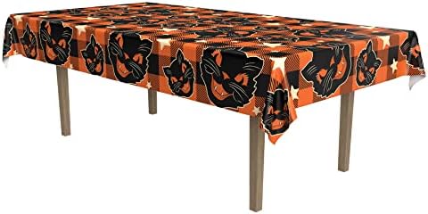 Beistle Fabric Black Cat Vintage Halloween Tablecover, 55” x 90.5” – Polyester Table Cloth, Rectangular Tablecloth, Holiday Tablecloth, Halloween Fabric Tablecloth, Halloween Decorations