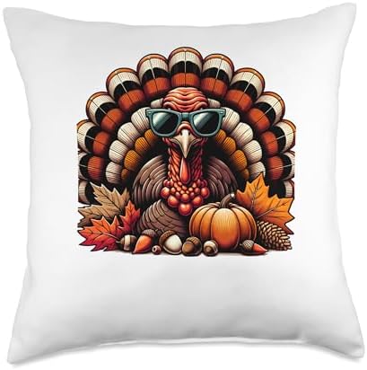 Funny Thanksgiving Cartoon Turkey Wears Sunglasses Men Women Throw Pillow by Unknown