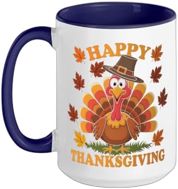 Happy Thanksgiving Funny Turkey Family Dinner Thanksgiving Ceramic Mug, Dark Blue/White, 15oz by Unknown