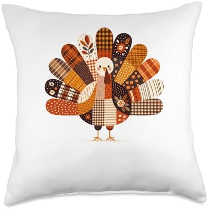 Fall Turkey Patchwork Holiday Quilted Turkey Thanksgiving Throw Pillow by Unknown