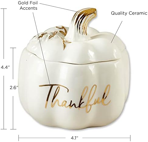 Kate Aspen Thankful White Pumpkin Bowl - Ceramic Decorative Pumpkin Decor Candy Dish With Lid, Fall Candy Dish, Thanksgiving Bowl, Fall Decorations for Home, Kitchen Decor, Thanksgiving Decorations - Image 6