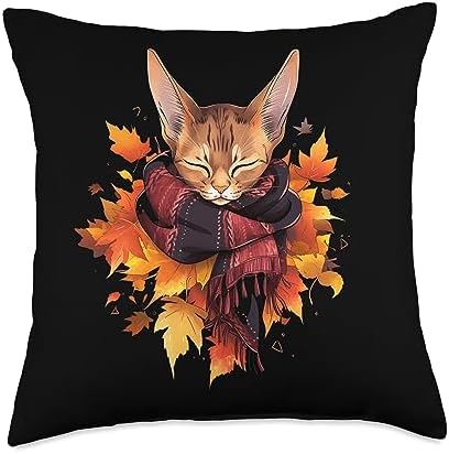 Fall Vibes Autumn Season Cat Lover Abyssinian Cat Kitten Autumn Fall Leaves Thanksgiving Throw Pillow, 18x18, Multicolor by Unknown