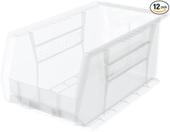 Akro-Mils 30240 AkroBins Plastic Storage Bins, 15"x8"x7", Clear, 12-Pack | Space-Saving Stackable Bins for Garage, Pantry, Craft Organization