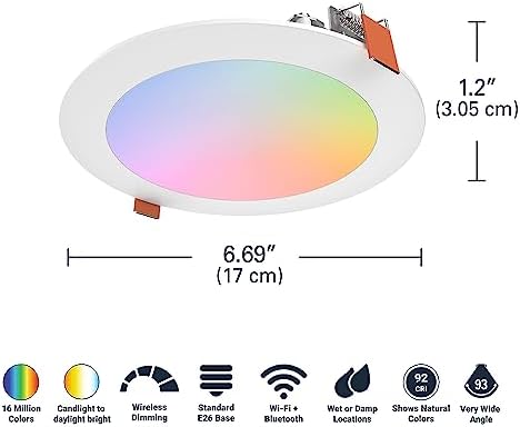 HALO HLB6099WZRGBWMWR 6” Smart Wi-Fi Slim Canless LED Downlight Powered by WiZ Pro, Dimmable Full Color with Smart Home Integration (Pack of 4)