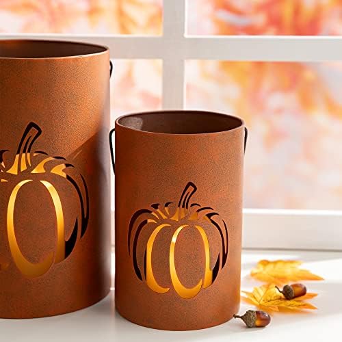 Glitzhome 2 Pack Halloween Cutout Pumpkin Lantern Candle Holder Bucket Thanksgiving Metal Standing or Hanging Porch Signs Decor, Orange - Image 7