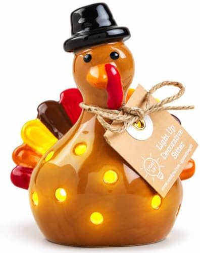 Mud Pie Light Up Turkey Sitter, Ceramic Thanksgiving Table Decor with LED by MudPie