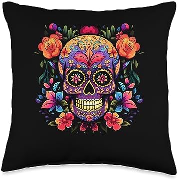 Floral Sugar Skull Flower Store Dia De Los Muertos Costume Halloween Day of Dead Sugar Skull Throw Pillow, 16x16, Multicolor