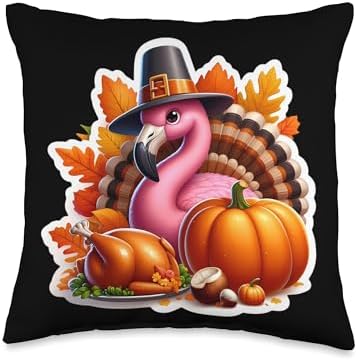 Thanksgiving Flamingo Fall Autumn Cottagecore Pumpkin Cute Throw Pillow by Unknown
