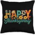 Retro Happy Thanksgiving - Turkey Sunflower Leopard Print Throw Pillow by Unknown