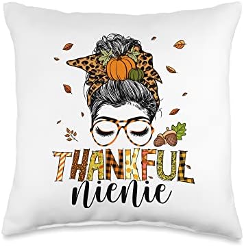 One Thankful Nienie Messy Bun Leopard Thanksgiving Family Throw Pillow by Unknown