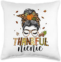 One Thankful Nienie Messy Bun Leopard Thanksgiving Family Throw Pillow by Unknown