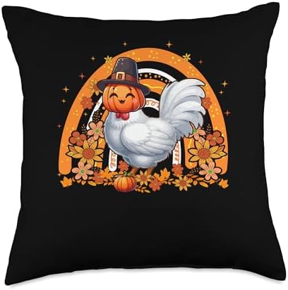 Chicken Fall Pumpkin Cute Head Thanksgiving Flowers Rainbow Throw Pillow by Unknown
