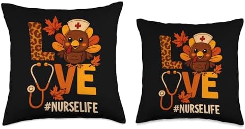 Love Nurse Life Thanksgiving Turkey Fall Scrubs Stethoscope Throw Pillow - Image 3
