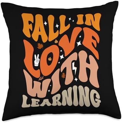 Fall In Love With Learning Fall Teacher Thanksgiving Groovy Throw Pillow by Unknown