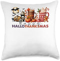 halloween thanksgiving christmas happy hallothanksmas coffee Throw Pillow by Unknown
