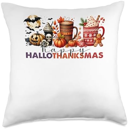 halloween thanksgiving christmas happy hallothanksmas coffee Throw Pillow by Unknown