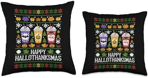 Happy Hallothanksmas Halloween Thanksgiving Christmas Mashup Throw Pillow - Image 3