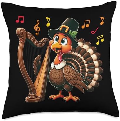 Funny Thanksgiving Turkey Playing Harp Music Lover Throw Pillow by Unknown