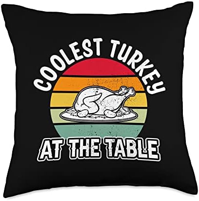 Coolest Turkey at the Table Funny Cute Thanksgiving Vintage Throw Pillow by Unknown