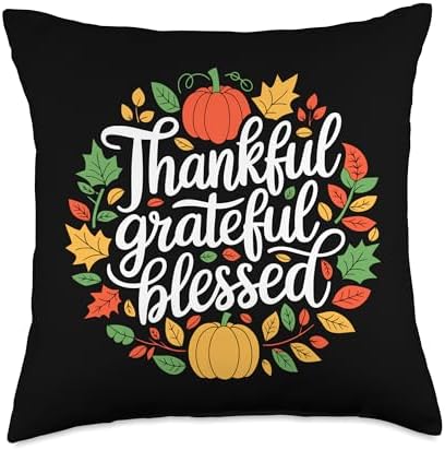Thankful Grateful Blessed, Friendsgiving Thanksgiving Throw Pillow by HadleyDesigns