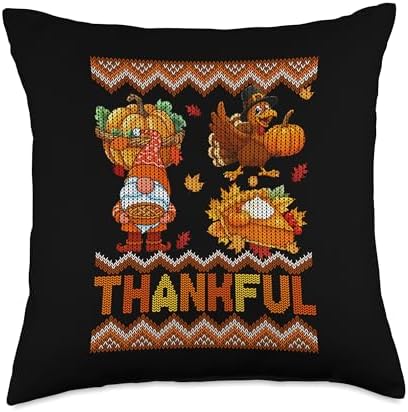 Thankful Thanksgiving Cute Gnome Pumpkin Pie Turkey Sweater Throw Pillow by Unknown