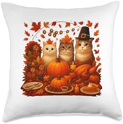 Fall Thanksgiving Cats Dinner Feast Vintage Fall Home Decor Throw Pillow by Unknown