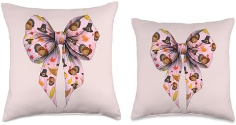 Coquette Bow Thanksgiving Turkey Pattern Pink Ribbon Girl Throw Pillow - Image 3