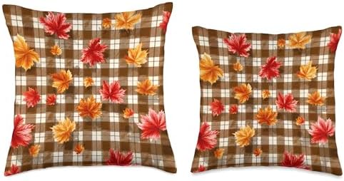 Brown Plaid Autumn Leaves Cozy Fall Season Thanksgiving Throw Pillow - Image 3