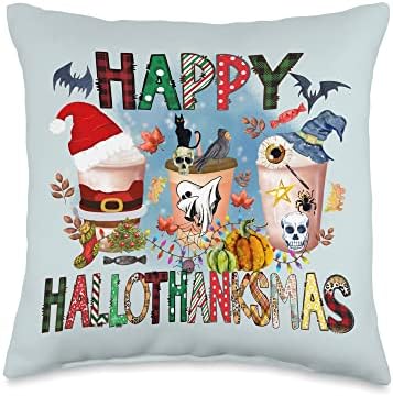 Happy Hallothanksmas Happy Halloween Thanksgiving Christmas Throw Pillow by Unknown