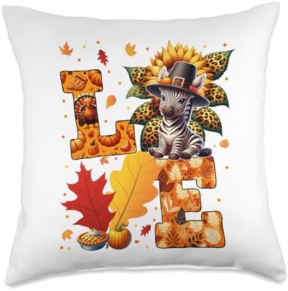 LOVE Thanksgiving Zebra Costume Fall Leaves Sunflower Throw Pillow by Unknown
