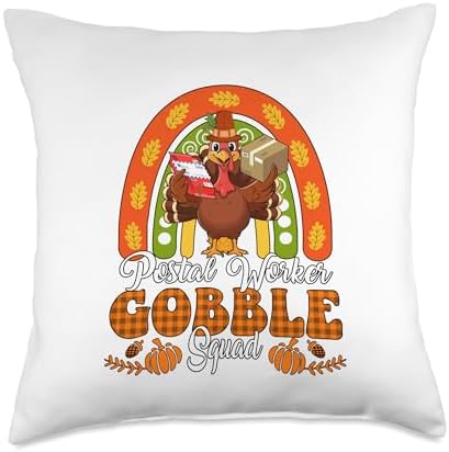 Postal Worker Gobble Squad Thanksgiving Turkey Fall Rainbow Throw Pillow by Unknown
