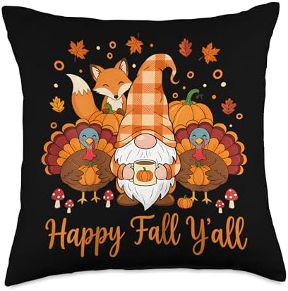 Happy Fall Y'all Turkey Gnome Pumpkin Autumn Thanksgiving Throw Pillow by Unknown
