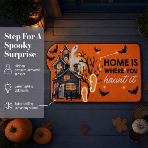 Mud Pie Light Up Halloween Doormat With Sound, Spooky Halloween Welcome Mat