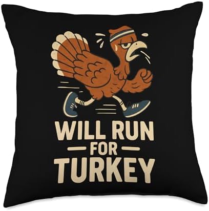 Funny Thanksgiving Trot Run Race 5K 10K Cartoon Turkey Throw Pillow by Unknown