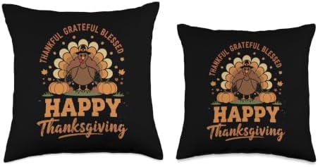 Thankful Grateful Blessed Turkey Cute Thanksgiving Women Men Throw Pillow - Image 3