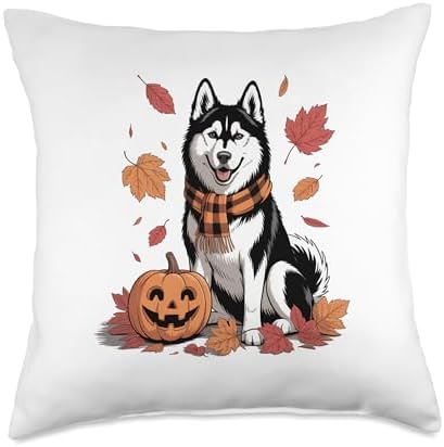 Siberian Husky Dog Lover Pumpkin Fall Autumn Thanksgiving Throw Pillow by Unknown