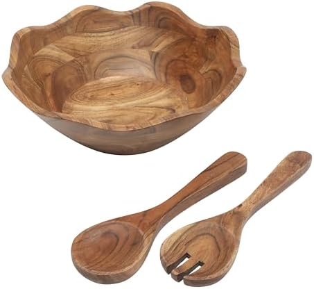 Gibson Home Sandhurst 3-Piece Acacia Wood Salad Bowl Set – 12-Inch Scalloped Serving Bowl with Wooden Salad Servers – Natural Rustic Finish for Dining, Entertaining, or Gifting by GibsonHomewares